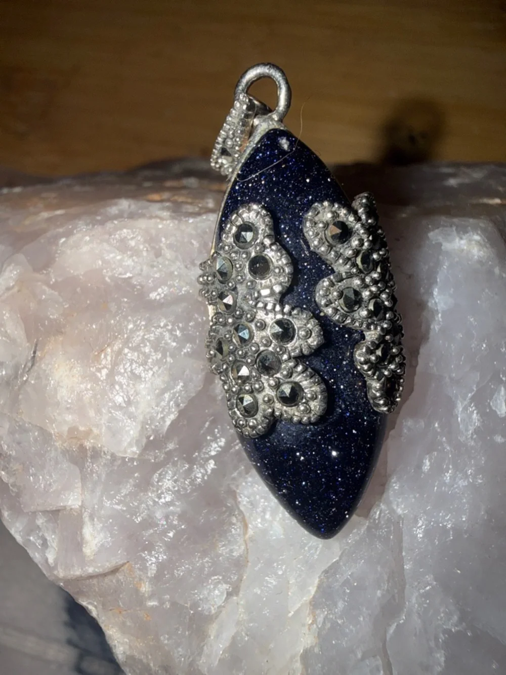 Vintage Sterling Silver Marcasite Blue Goldstone Pendant